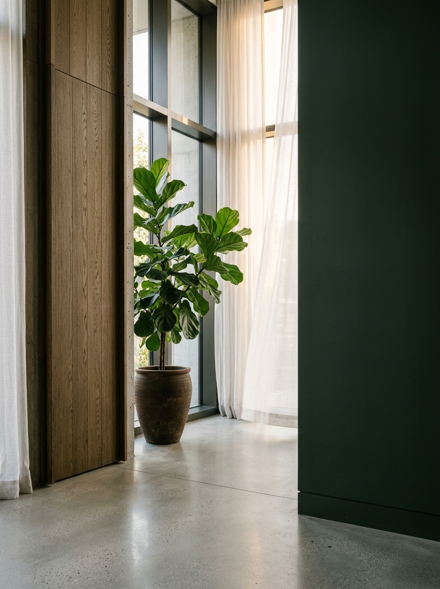 Lobby de arquitectura residencial de autor — luz cenital, concreto pulido y vegetación